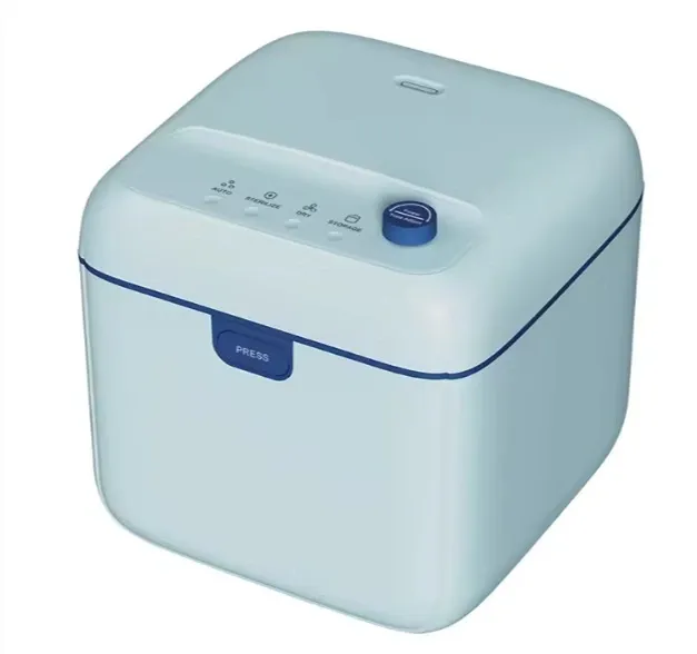 sleek modern white 10L UV bottle sterilizer with digital interface display in a clean minimalist kitchen setting